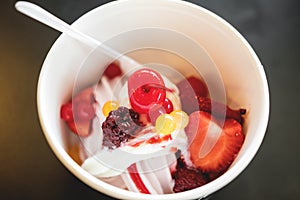 Soft focus, yogurt ice cream with berry fruits, healthy dessert