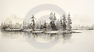 Soft-focused Realism: Landscape Ink Drawing Of Tree Islands On Water