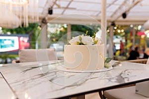Soft focused shot of beautiful white wedding or birthday cake with roses flowers on marble table, restaurant background