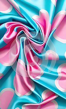 Soft folds on shiny fabric. Texture of pink and blue silk fabric. Light blue and pink silk satin fabric wave or silk wavy folds.