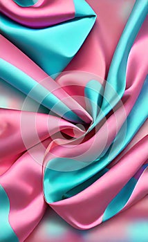 Soft folds on shiny fabric. Texture of pink and blue silk fabric. Light blue and pink silk satin fabric wave or silk wavy folds.