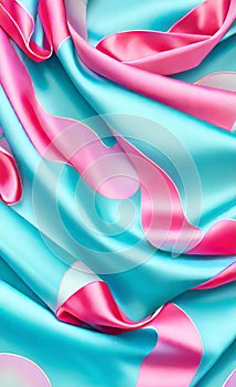 Soft folds on shiny fabric. Texture of pink and blue silk fabric. Light blue and pink silk satin fabric wave or silk wavy folds.