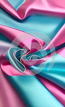 Soft folds on shiny fabric. Texture of pink and blue silk fabric. Light blue and pink silk satin fabric wave or silk wavy folds.