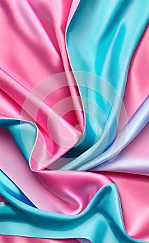 Soft folds on shiny fabric. Texture of pink and blue silk fabric. Light blue and pink silk satin fabric wave or silk wavy folds.