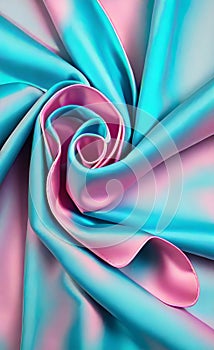 Soft folds on shiny fabric. Texture of pink and blue silk fabric. Light blue and pink silk satin fabric wave or silk wavy folds.