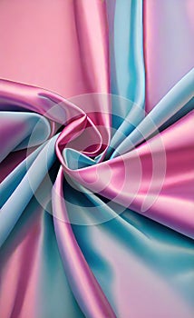 Soft folds on shiny fabric. Texture of pink and blue silk fabric. Light blue and pink silk satin fabric wave or silk wavy folds.