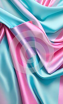 Soft folds on shiny fabric. Texture of pink and blue silk fabric. Light blue and pink silk satin fabric wave or silk wavy folds.