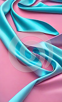 Soft folds on shiny fabric. Texture of pink and blue silk fabric. Light blue and pink silk satin fabric wave or silk wavy folds.