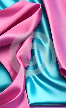 Soft folds on shiny fabric. Texture of pink and blue silk fabric. Light blue and pink silk satin fabric wave or silk wavy folds.