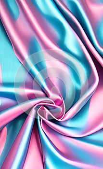 Soft folds on shiny fabric. Texture of pink and blue silk fabric. Light blue and pink silk satin fabric wave or silk wavy folds.