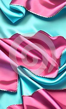 Soft folds on shiny fabric. Texture of pink and blue silk fabric. Light blue and pink silk satin fabric wave or silk wavy folds.