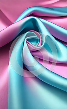 Soft folds on shiny fabric. Texture of pink and blue silk fabric. Light blue and pink silk satin fabric wave or silk wavy folds.