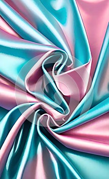 Soft folds on shiny fabric. Texture of pink and blue silk fabric. Light blue and pink silk satin fabric wave or silk wavy folds.