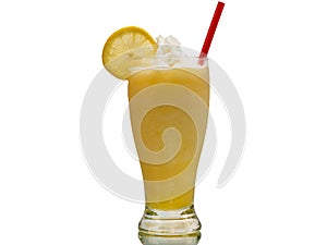 Soft frozen lemonade with whipped cream in a tall glass with a red straw.
