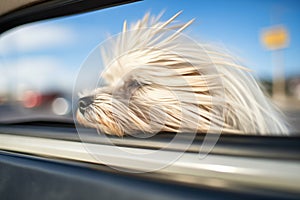 soft fur of a maltese in the wind, seen through a cars sunroof