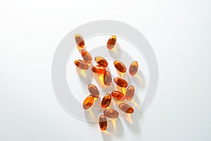 Soft gel, Close up of oil filled capsules, suitable for presenting food supplements : fish oil, omega 3, omega 6, omega 9, vitamin