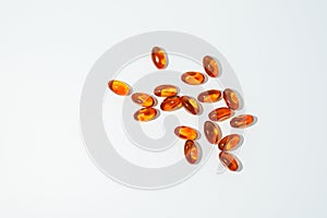 Soft gel, Close up of oil filled capsules, suitable for presenting food supplements : fish oil, omega 3, omega 6, omega 9, vitamin