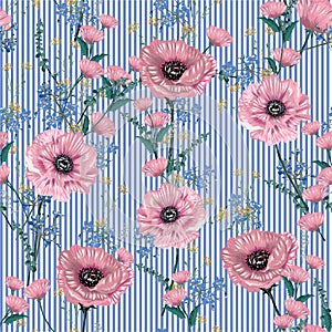 Soft and gentle of Botanical blooming garden flowers many kind of floral seamless pattern on light blue striped,Design for fashion