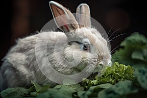 A soft and gentle rabbit munching on greens, such as lettuce or parsley. Generative AI