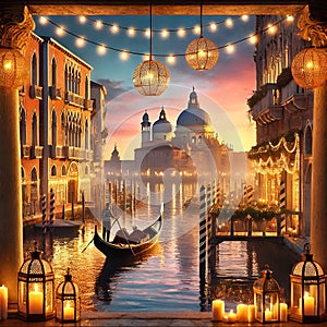 The soft glow of lanterns casts a magical atmosphere over the canals, capturing the essence of Venice's timeless charm. photo