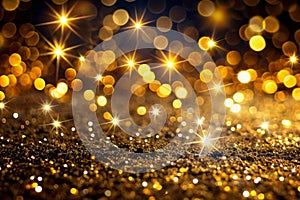 Golden blurred bokeh lights on black background. Glitter sparkle stars for celebrate. Overlay for your design photo