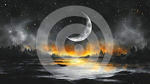 Soft Gray Watercolor Crescent Moon Night Background photo