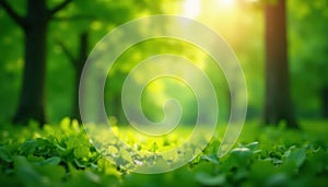 Soft green forest bokeh, sunlit leaves blurred, deep green, sunlight