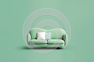 Soft green sofa on green background, 3D illustration, AI generated image. Modern minimalistic living room interior detail.
