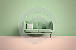 Soft green sofa on green background, 3D illustration, AI generated image. Modern minimalistic living room interior detail.