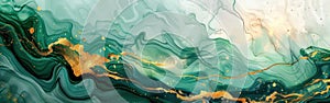 Soft Green Watercolor Waves with Gold Lines - Abstract Background for Web Design, Banner and Generative AI with Marbled Paper