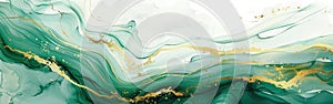 Soft Green Watercolor Waves with Gold Lines - Abstract Background for Web Design, Banner and Generative AI with Marbled Paper