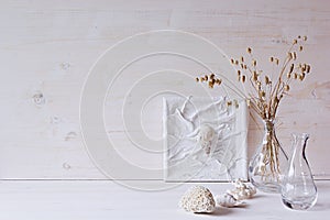 Soft home decor. Seashells and glass vase with spikelets on white wood background.