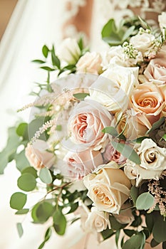 Soft-hued bridal bouquet in sunlight, perfect for wedding floristry.,AI Generated