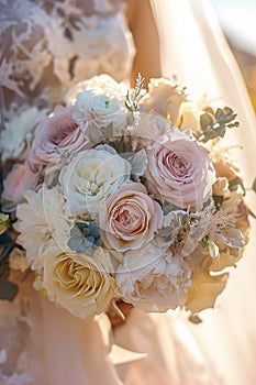 Soft-hued bridal bouquet in sunlight, perfect for wedding floristry.,AI Generated