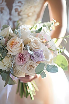 Soft-hued bridal bouquet in sunlight, perfect for wedding floristry.,AI Generated