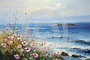 Soft Hues of Daisies: A Serene Beach Lighthouse Vista in the Noo