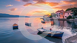 Soft hues of sunset blanket a serene Mediterranean harbor, where boats gently sway and the day winds down in a peaceful