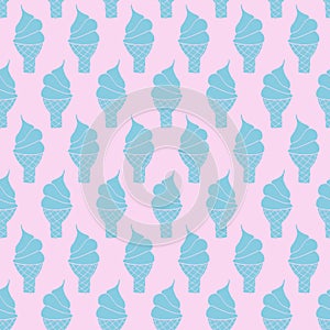 Soft Ice cream cones seamless vector background. Blue waffle cones pattern on pink backdrop. Summer pattern in pastel