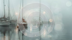 Soft indistinct sailboats in a harbor set against a hazy overcast sky giving a dreamy and surreal feel to the coastal