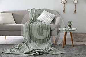 Soft knitted blanket on sofa in room. Home interior