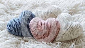 Soft Knitted Hearts on Fluffy Surface