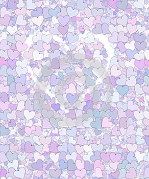 Soft lavender violet pink overlapping hearts in pastel colors with big white heart on the center