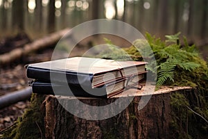 soft leather-bound journal on a wooden stump in a forest