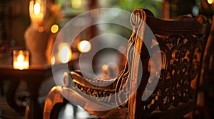 The soft light of the candles enhancing the natural beauty of the wooden chairs and their intricate carvings. 2d flat