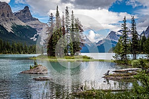 Soft light over Spirit Island on Maligne Lake in Jasper National Park