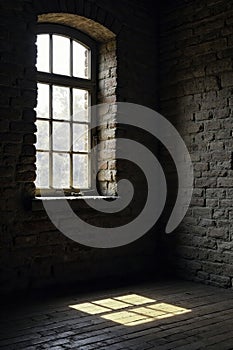 Soft light spills through window on cold brick wall, dim, darkness