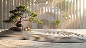 Soft lighting illuminates a tranquil Zen garden scene, showcasing a carefully sculpted bonsai tree atop raked sand patterns