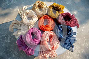 soft, lightweight scarves arranged by color on a circular display