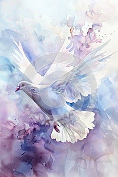 Soft, luminous watercolors capture a dove in flight, evoking its holy symbolism delicately photo