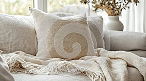 Soft, minimalist beige throw blanket and pillow photo